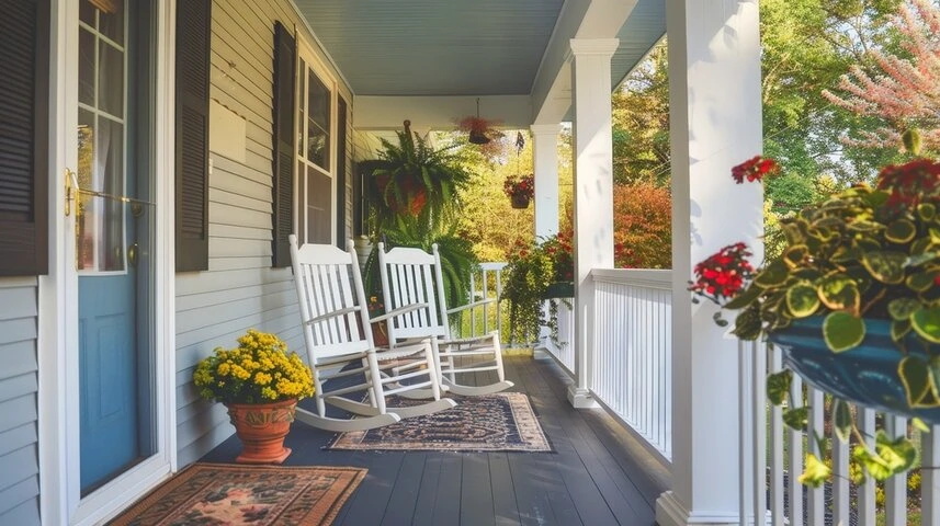 luxury covered porch featuring composite flooring and contemporary outdoor furniture in a Hamilton home
