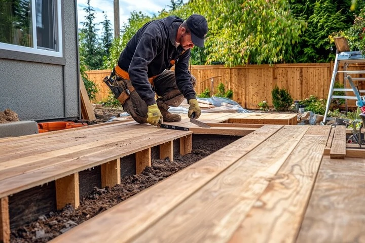 Beautiful patio construction with paver stones and stamped concrete design