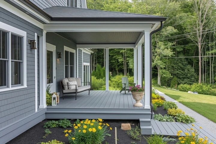 covered back porch with cozy seating and ambient lighting designed for outdoor living in Hamilton