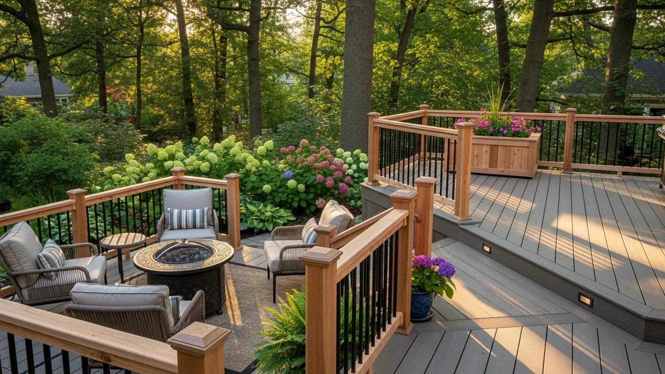 beautiful multifunctional backyard patio with outdoor kitchen and fire pit for entertaining guests in Hamilton